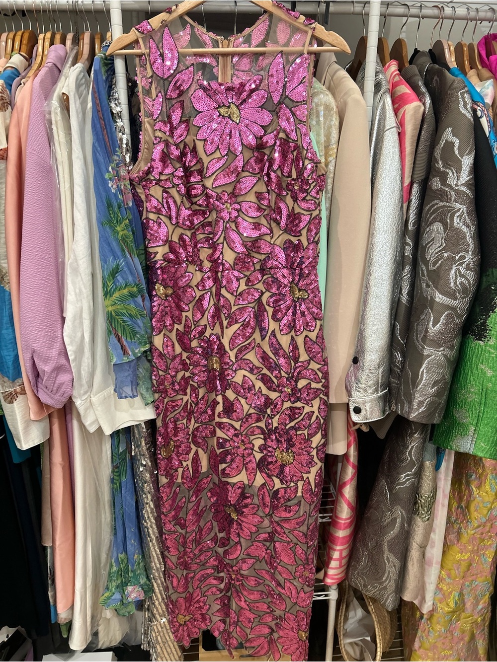 NWT Milly Kinsley Floral Garden Sequin Midi Dress Pink Multi Size 10
